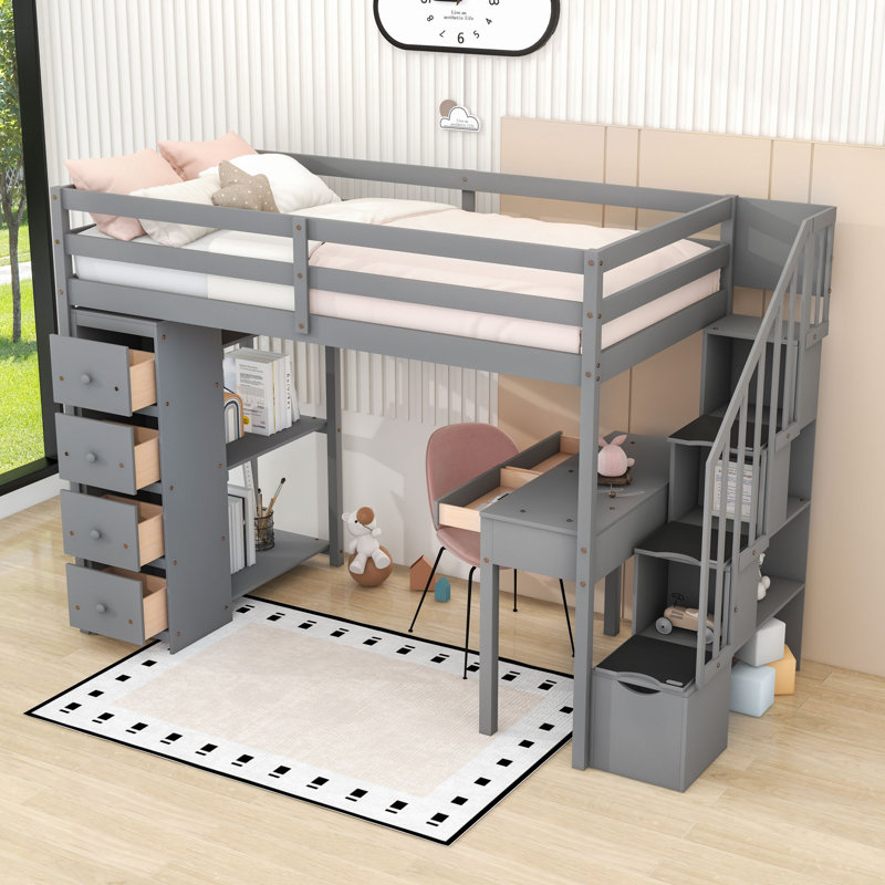 Lit mezzanine simple avec tiroirs de rangement, bureau et escalier, Gris