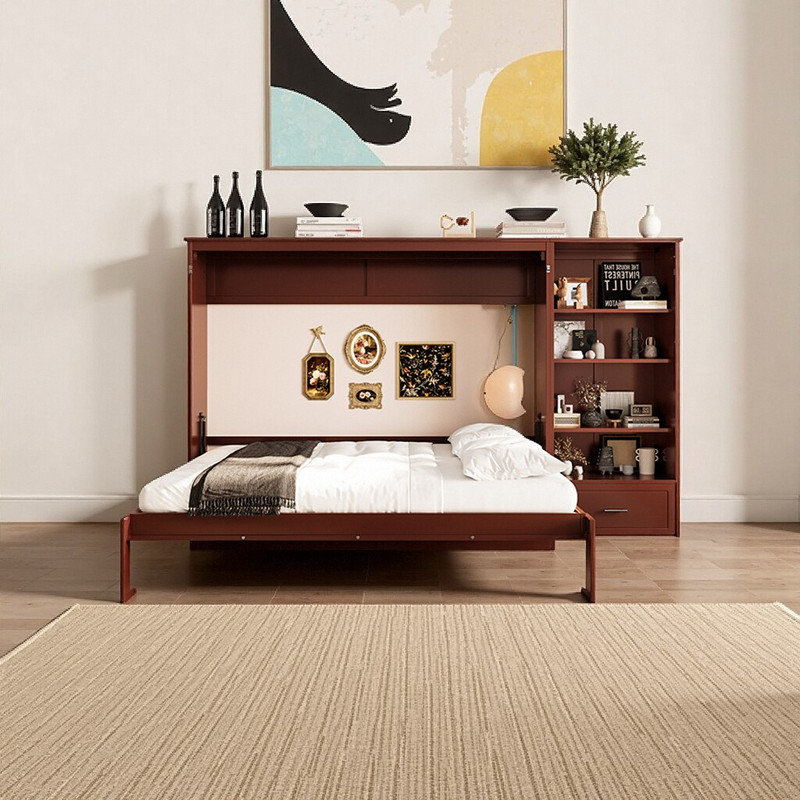 Grand lit escamotable avec compartiments de rangement à hauteur réglable et tablette, cadre de lit mural avec 1 tiroir, lit plateforme multifonctionnel et pliable
