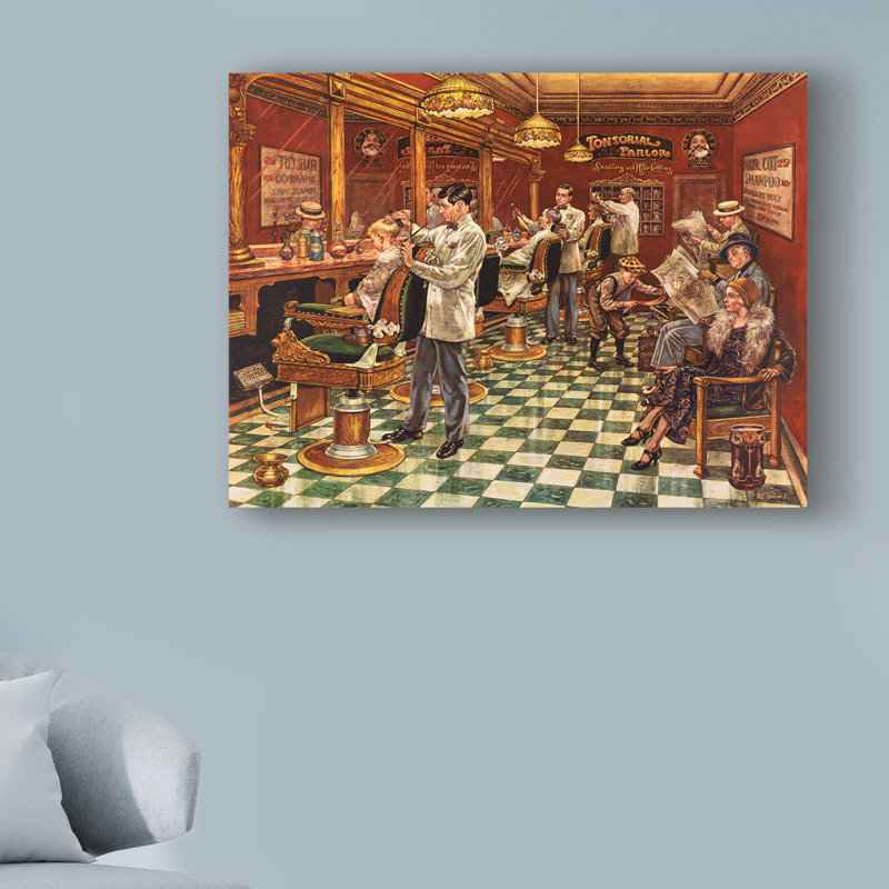 « tonsorial salon », reproduction de peinture à l’acrylique sur toile tendue, H 14 po x l 19 po x P 2 po