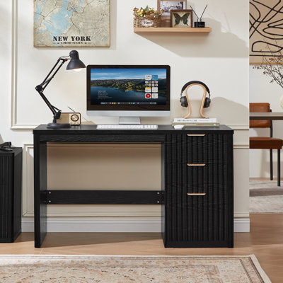 Bureau de direction moderne cannelé de 48 po avec armoire de rangement, bureau à domicile en bois avec tiroir classeur et poignées en métal, grande table d'écriture pour bureau, bureau, salon, chambre à coucher