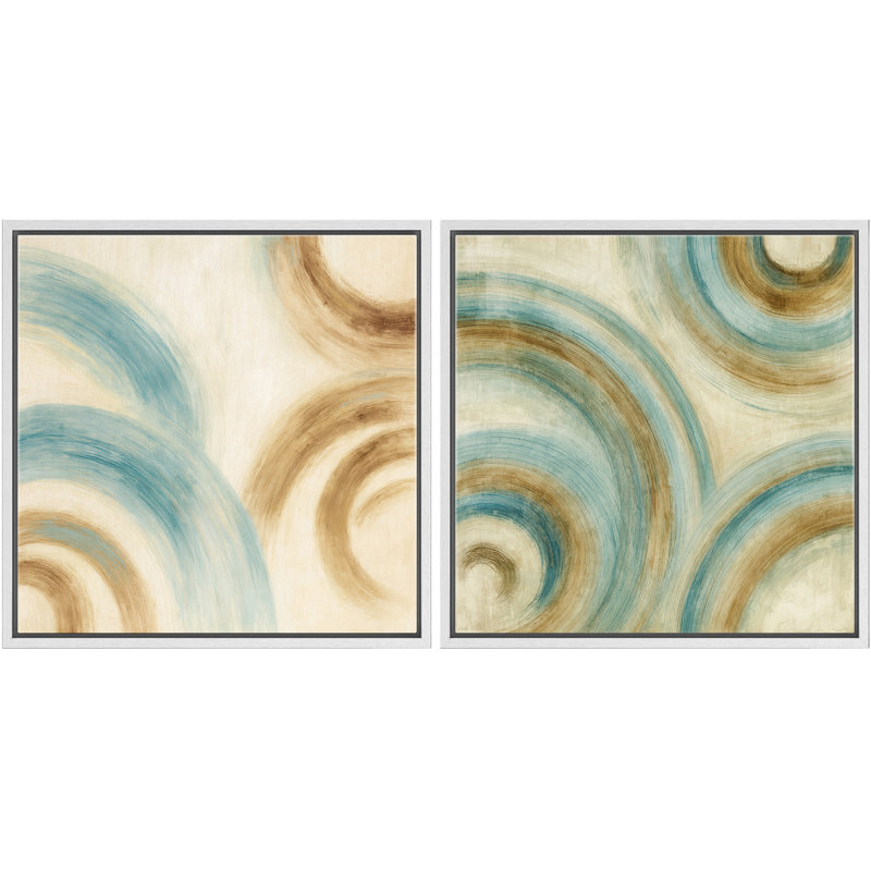 Reproduction d'art moderne et moderne de 2 lignes courbes bleu sarcelle et sable encadrée, H 24 po x l 24 po