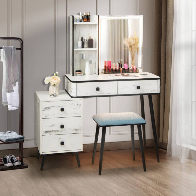 Ensemble de coiffeuse avec miroir lumineux, Blanc / noir