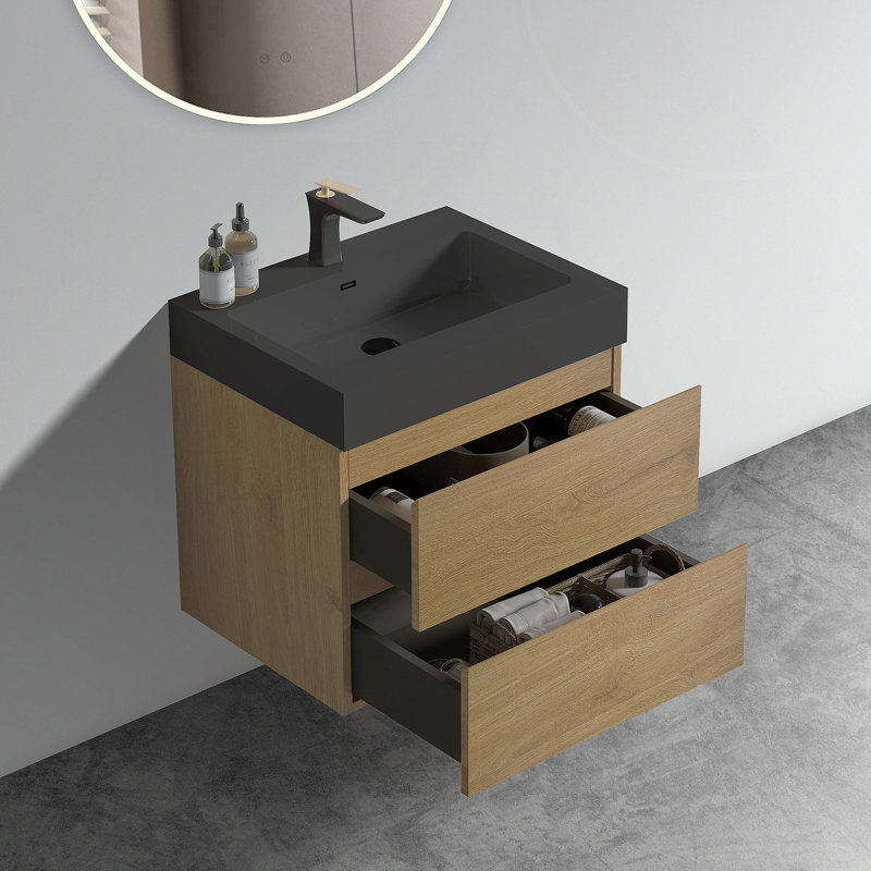 Meuble-lavabo mural 24 po en chêne naturel avec lavabo, grande salle de bain flottante murale, Noir, Chêne clair, 24"