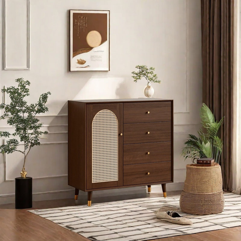 Buffet avec porte en rotin, Brun