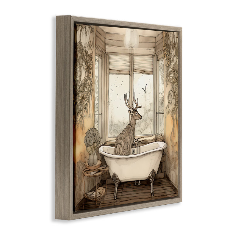 Cadre flottant Buck with Antler Bath Time, design par Sasha, H 18 po x l 18 po, Cadre flottant orme Montalcino