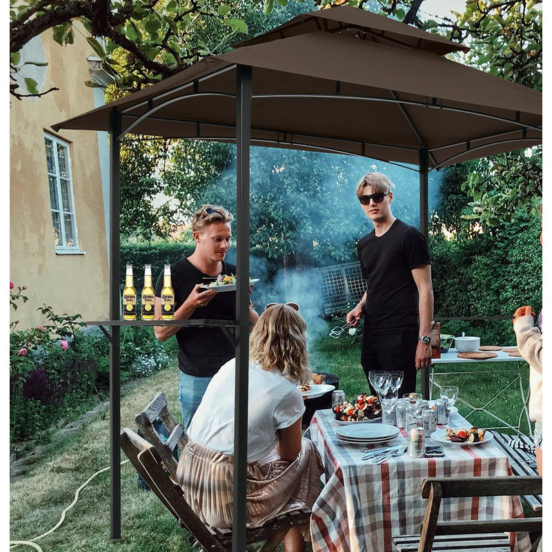 8 x 5 Ft Outdoor Grill Gazebo Shelter Tent featuring a Double Tier Soft Top Canopy, a Steel Frame, along with Hook and Bar Counters.
