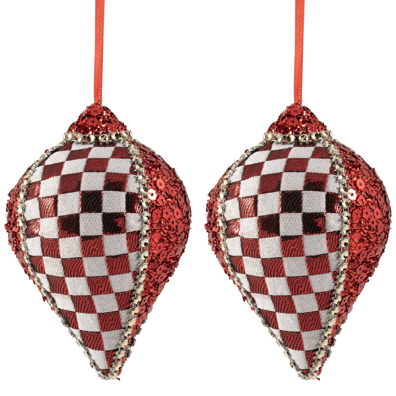 Sequined And Checkered Teardrop Christmas Ornaments - 4.75" - Red - Set Of 2