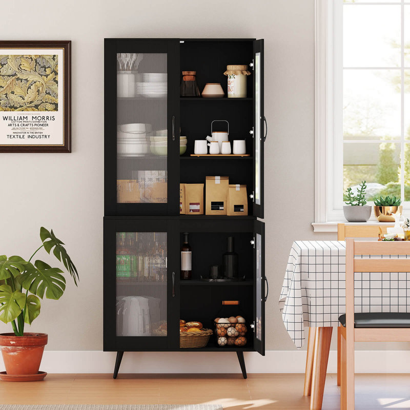 Armoire de cuisine avec portes cannelées translucides et tablette réglable, Noir