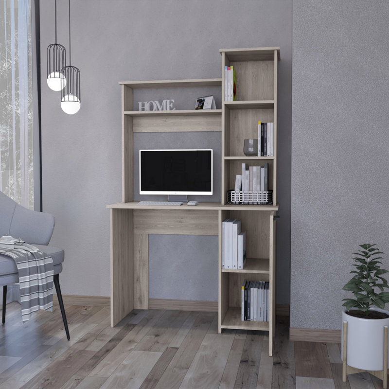 Bureau d'ordinateur à 3 tablettes de rangement (bureau), Gris clair