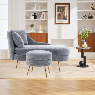 58'' Indoor Chenille Chair with Left Armrest and Lumbar Pillow Upholstered Furniture Lounge Chair, Lounge Sofa for Living Room Bedroom Office with Footstool.