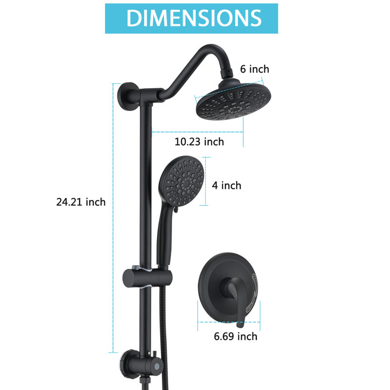 Système de douche à pluie complet complet avec valve brute et barre coulissante, Noir mat