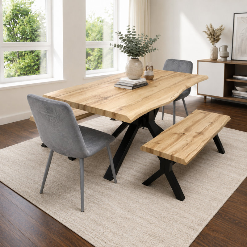 Wooden Brown Dining Table with 2 Benches and Grey Velvet Chairs, 75cm H x 140cm W x 80cm D
