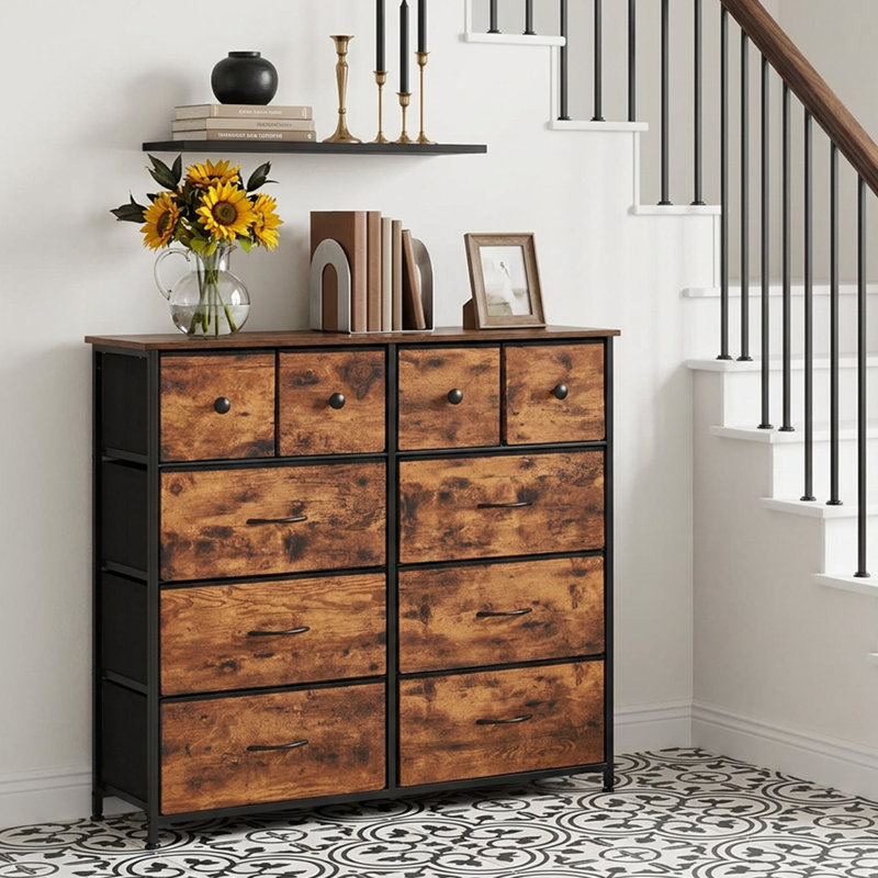 98cm Chest Of Drawers, 10 Fabric Drawers Bedroom Cabinet with Handles and Metal Frame, Brown/Black