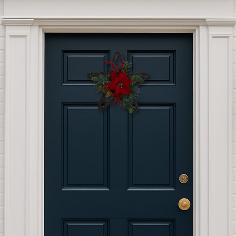 Holiday Christmas Poinsettia Star Twig Wreath
