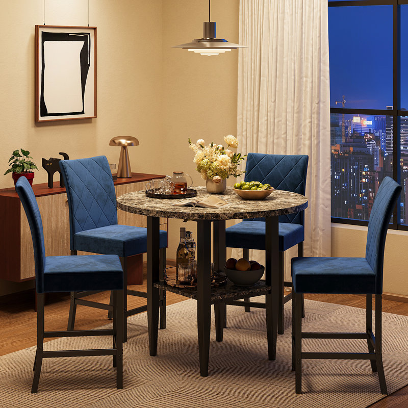 5 Pieces 35.4" Modern Style Round Faux Marble Counter Height Dining Table Set, Extendable Folding Kitchen Dining Table Set For 4 With 4 Velvet Upholstered Dining Chairs