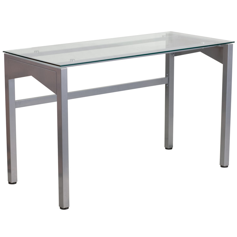 Jenise Contemporary Clear Tempered Glass Desk with Geometric Sides and Silver Frame