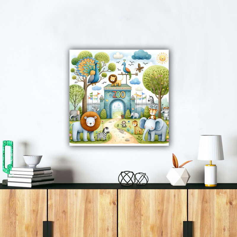 «Sunny Day Safari: Whimsical Zoo Gate», reproduction sur toile, H 12 po x l 12 po