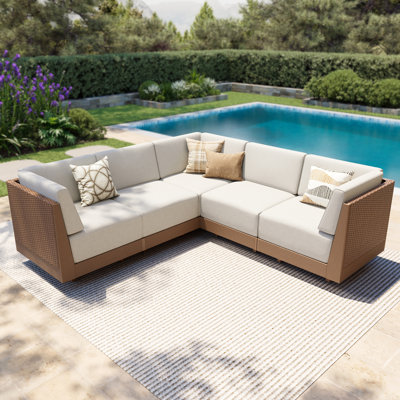 Ensemble de jardin 5 places en résine tressée avec coussins, beige, canapé d'angle modulaire en résine tressée.