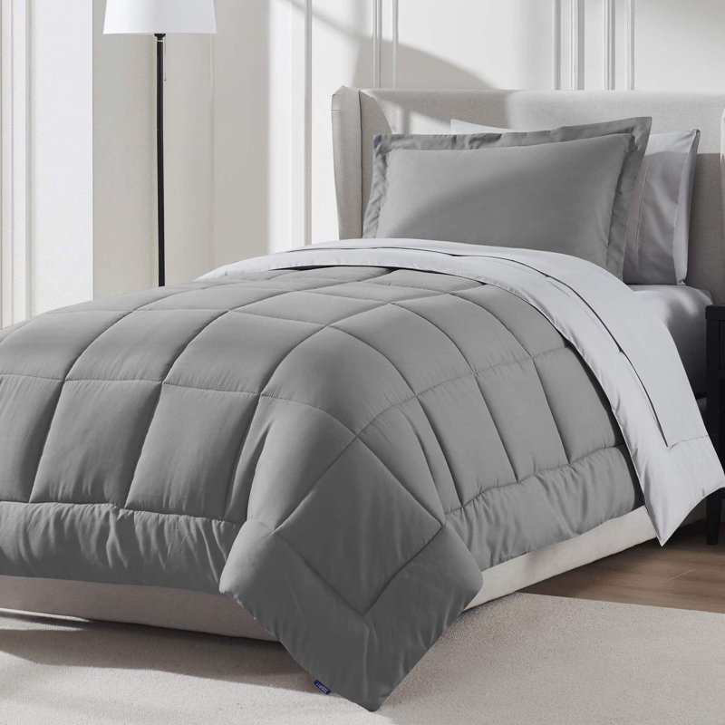 Bed-in-A-Bag Reversible Comforter Set with Bed Sheets & Memory Foam Cooling Pillows, Gray