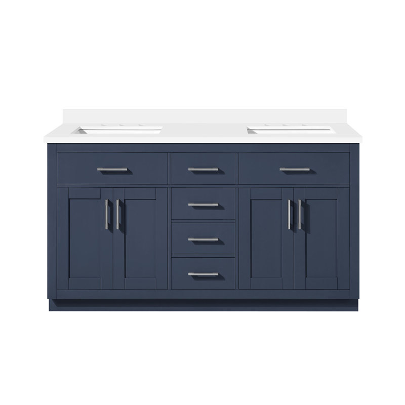 OVE Decors Bailey Meuble-lavabo double autoportant bleu nuit avec comptoir en quartz blanc, dosseret assorti et barre d'alimentation