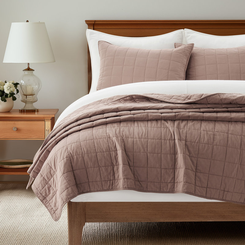 100% Cotton Box Stitch Quilt Set, Queen Quilt + 2 Queen Shams, Terracotta Clay