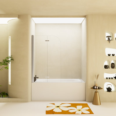 34"W X 58"H Frameless Folding Pivot Bathtub Door, 1/4" (6Mm) Tempered Glass With Safety Corners, 90° Folding Design, Waterproof Strips, Reversible Installation, Easy-Clean Surface,Chrome Finish