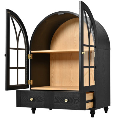 Vitrine arquée avec portes en verre trempé, armoire de rangement en bois avec finition grain de bois naturel, pieds d'appoint en bois massif avec tiroirs pour le salon, la salle à manger, le bureau