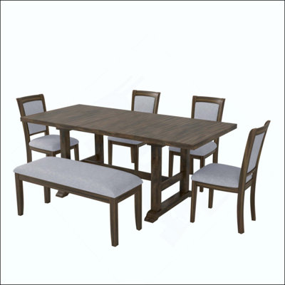 6-Piece Updated 76.9inch Extendable Trestle Dining Table Set with Removable Leaf, Kitchen Table Set with Upholstered Side Chair and  Bench
