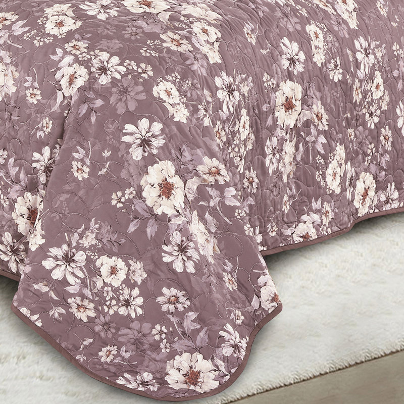 Couvre-lit réversible 3 pièces Menora, Floral mauve, Couvre-lit grand et 2 taies décoratives