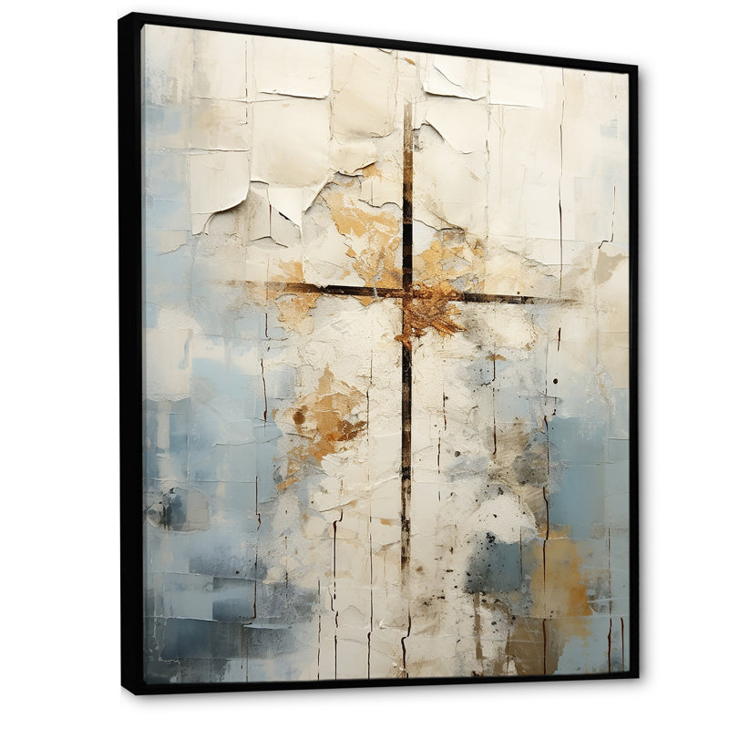 Art mural croix de Christianisme beige de Jessus II, H 20 po x l 12 po, Cadre flottant doré, Noir