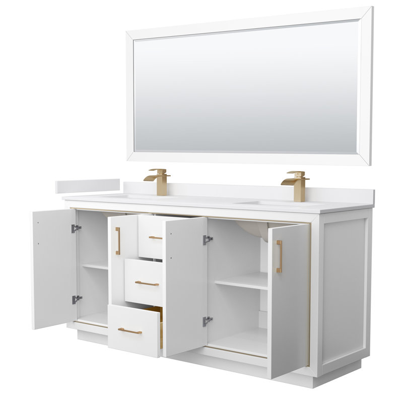 72'' W Double Vanity, White, White, Satin Bronze