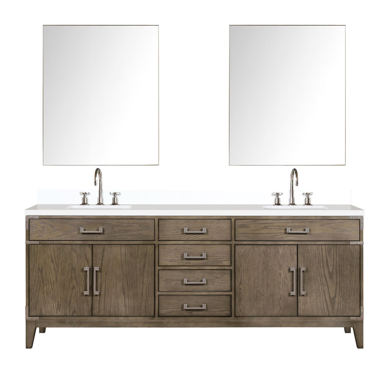 84 po Meuble-lavabo double large en chêne gris avec plateau en quartz blanc, robinet et 36 miroirs, scellés polis