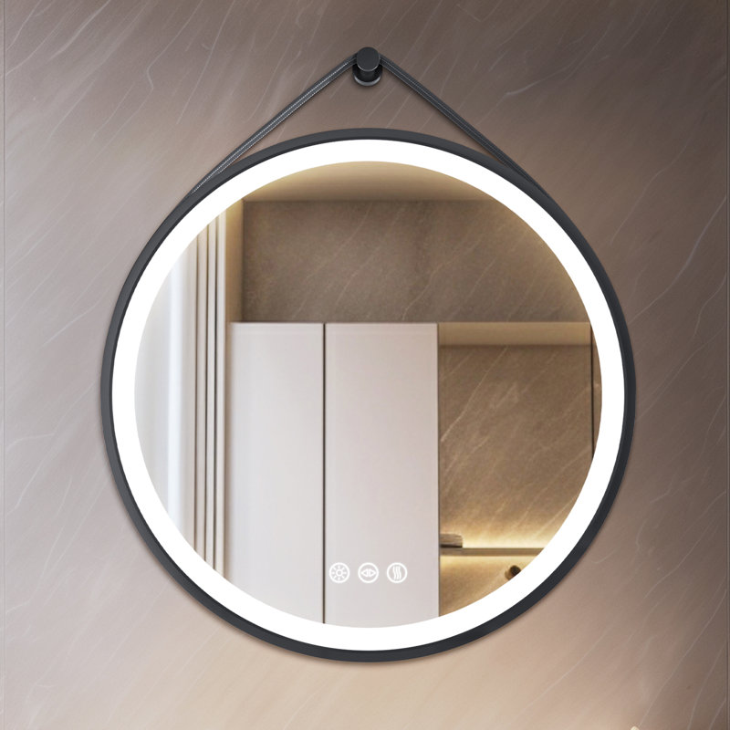 Round Led Bathroom Mirror, Wall Mounted Hanging Vanity Makeup Mirror With Leather Strap, Dimmable 3 Color Temperatures, Anti-fog And Memory Function, Wall Mounted Led Lighted Mirror