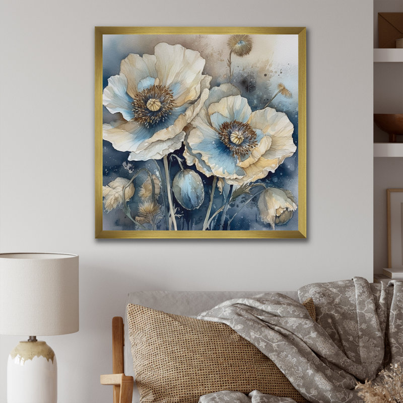 «Blue Poppy Serenity I», reproduction sur toile, Cadre doré simple, H 36 po x l 36 po x P 1,5 po