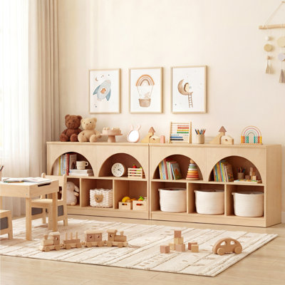 Avdain 86"W Arched Montessori Kids Bookshelf and Toy Storage Organizer, Low Bookcases with Open Shelves and 6 Cubbies, Set of 2