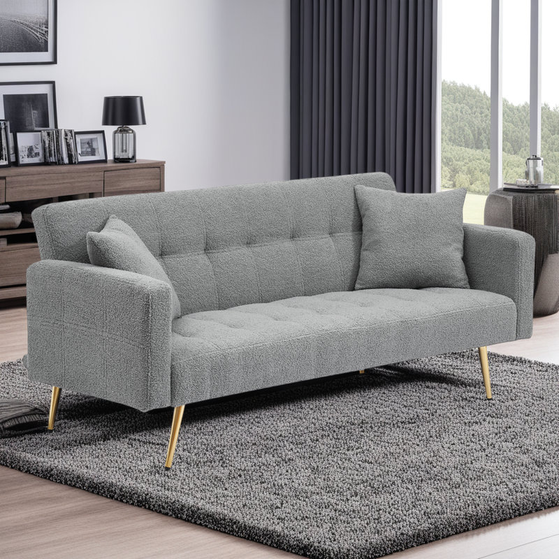 71.7" Teddy Fabric Sofa Bed - Space-Saving Convertible Design with Removable Armrests (500 lb Capacity), Gray