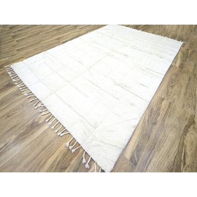 10'1"x14' Pearl White, Moroccan Weave with Grid Design, Solid, Textured Wool, Hand Knotted, Oriental Rug