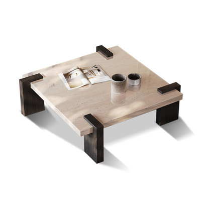 Square black and white rock plate tabletop with solid wood legs coffee table