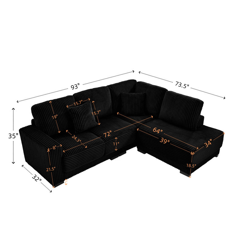 93" L Shaped Sofa Upholstered Soft Corduroy Sectional Couch With Reversible Chaise Lounge For Living Room, Apartment
