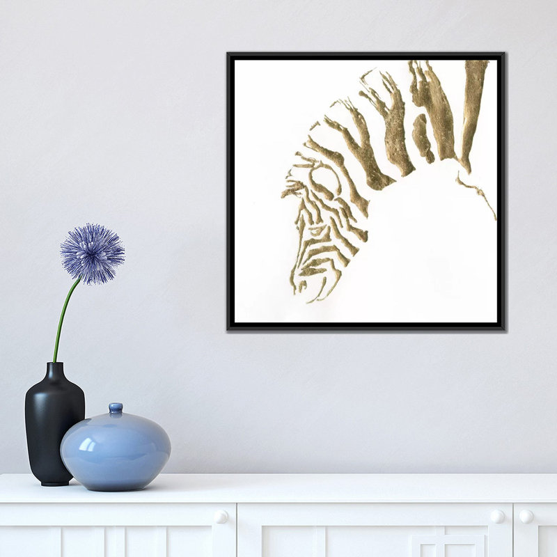 « gilded zèbre », impression sur toile, H 18 po x l 18 po x P 1,5 po, Toile avec cadre noir, Pas de tapis