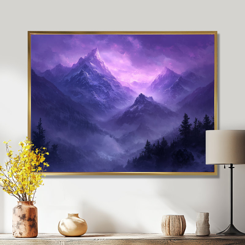 Gionnie Misty Peaks In The Twilight II - montagnes, art mural, H 12 po x l 20 po, Reproduction avec cadre flottant, Doré