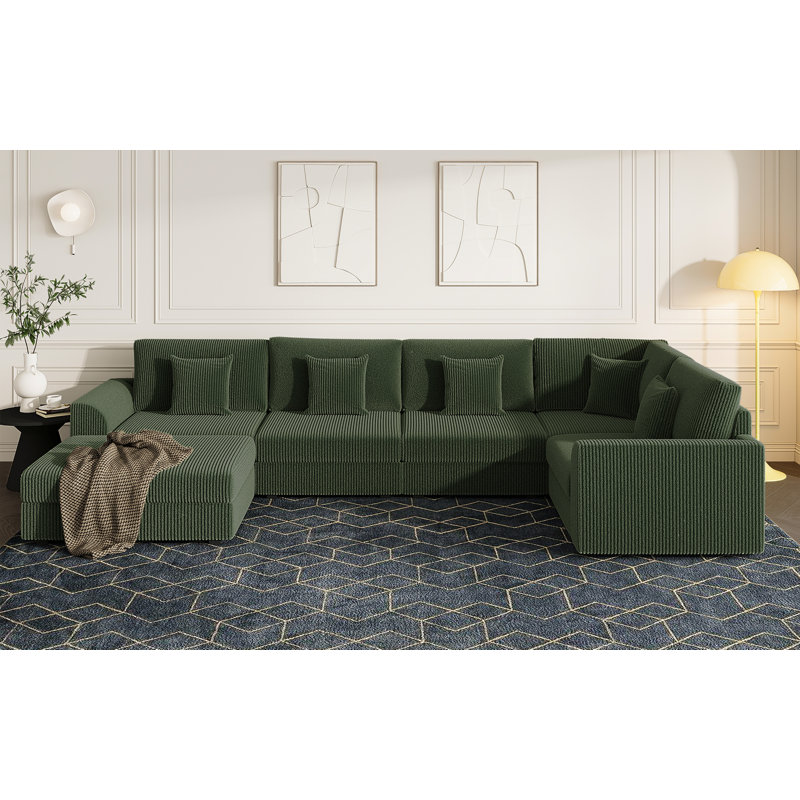 Canapé-lit modulable en velours côtelé en forme de U, 6 pièces, avec pouf de rangement, Green, 36" H X 146" W X 78" D