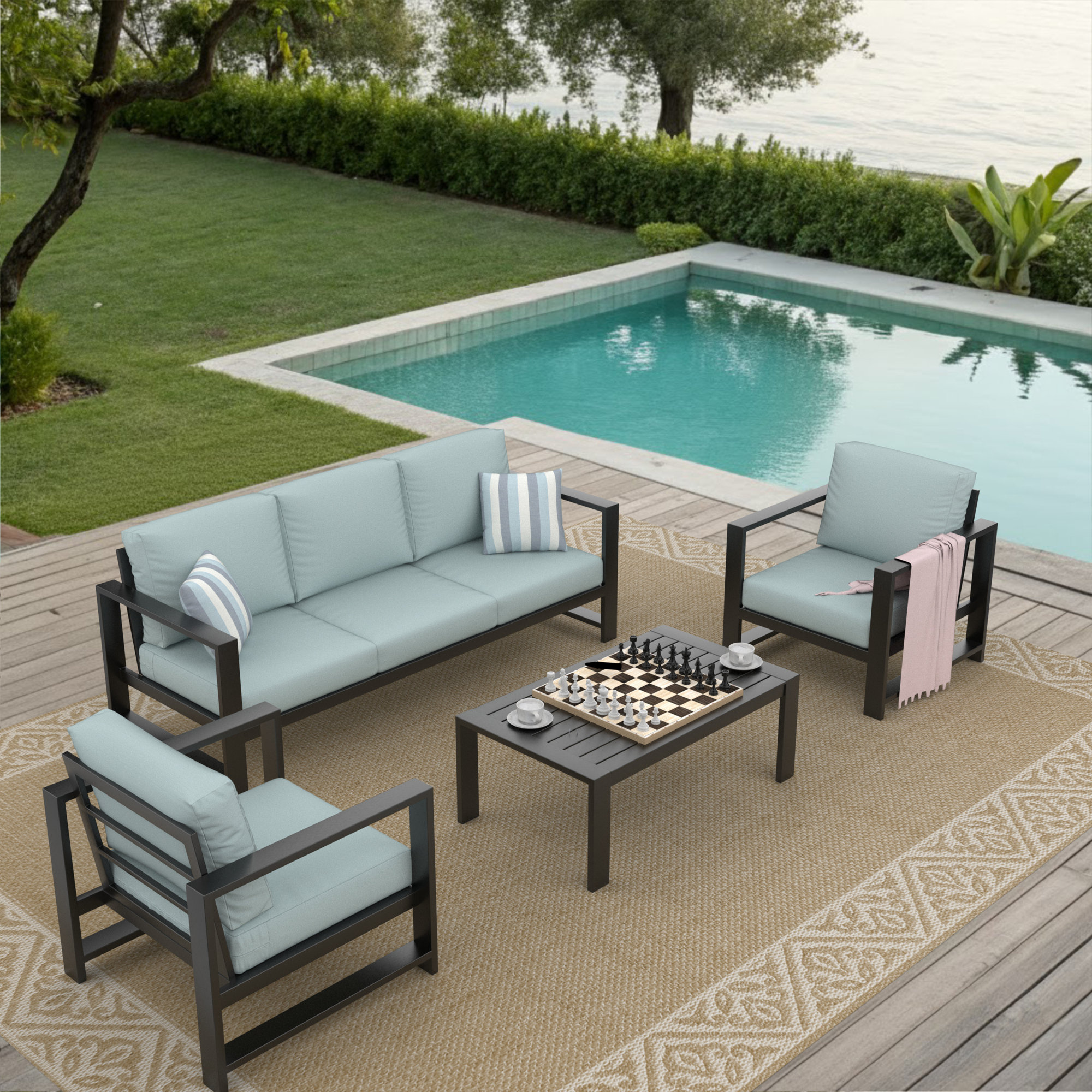Dulcie 5 Person Seating Set with Sunbrella Cushions, Green/Blue