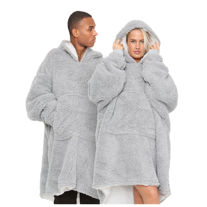 Oversized Teddy Fleece Hoodie Blanket for Adults with Hood and Kangaroo Pocket, Ultra Soft Wearable Hooded Blanket, One Size