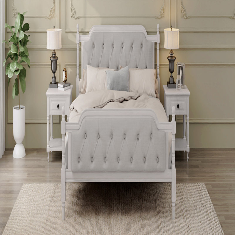 King Size Wood Bed Frame – Tufted Upholstered Headboard, Antique White