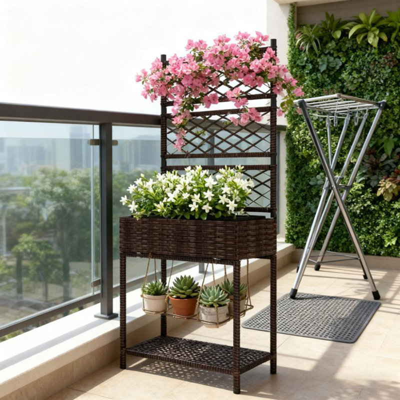 Jardinière en rotin autoportante, jardinière en osier d'extérieur avec treillis pour plantes grimpantes, avec tablette de rangement