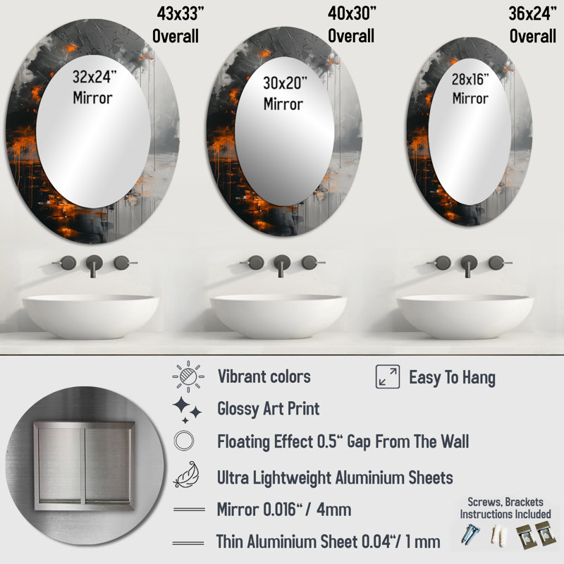 Miroir mural ovale gris et orange, 36 po x 24 po