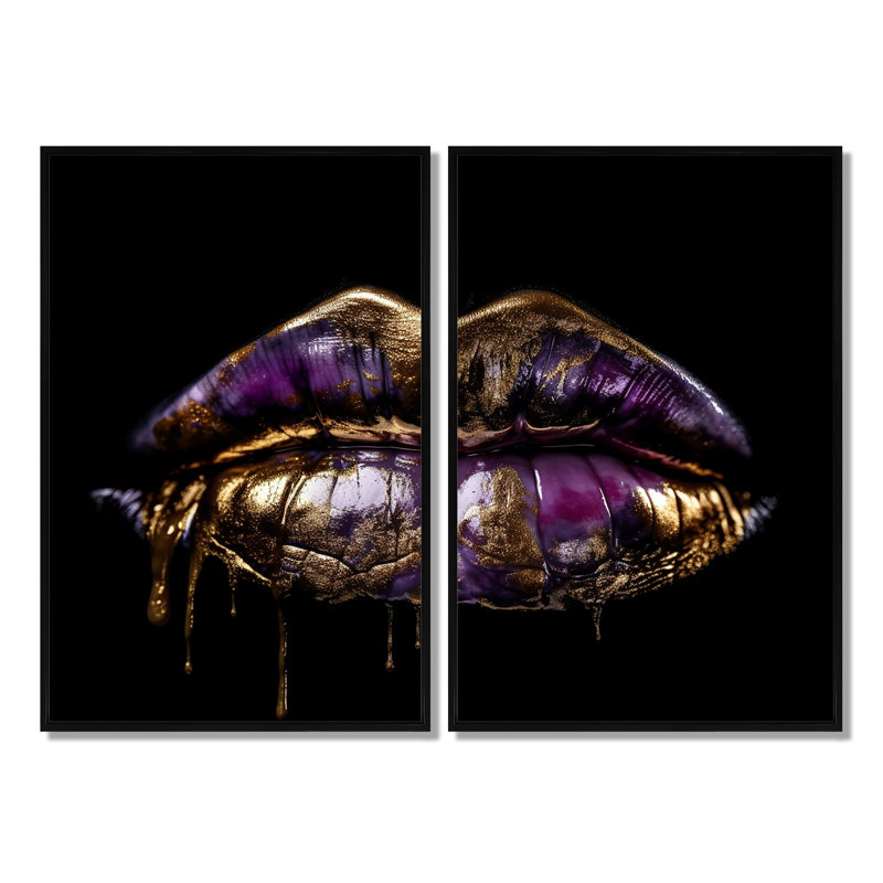 Lèvres dorées de luxe IV - Art mural glamour 2 pièces, 36'' H x 48'' W, Impression encadrée flottante, Black