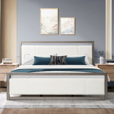 Grand lit avec structure en bois gris et tête de lit en tissu Boucle, construction solide, sans sommier, espace de rangement avec structure en bois d'hévéa, lattes silencieuses pour un sommeil réparateur, durabilité à long terme