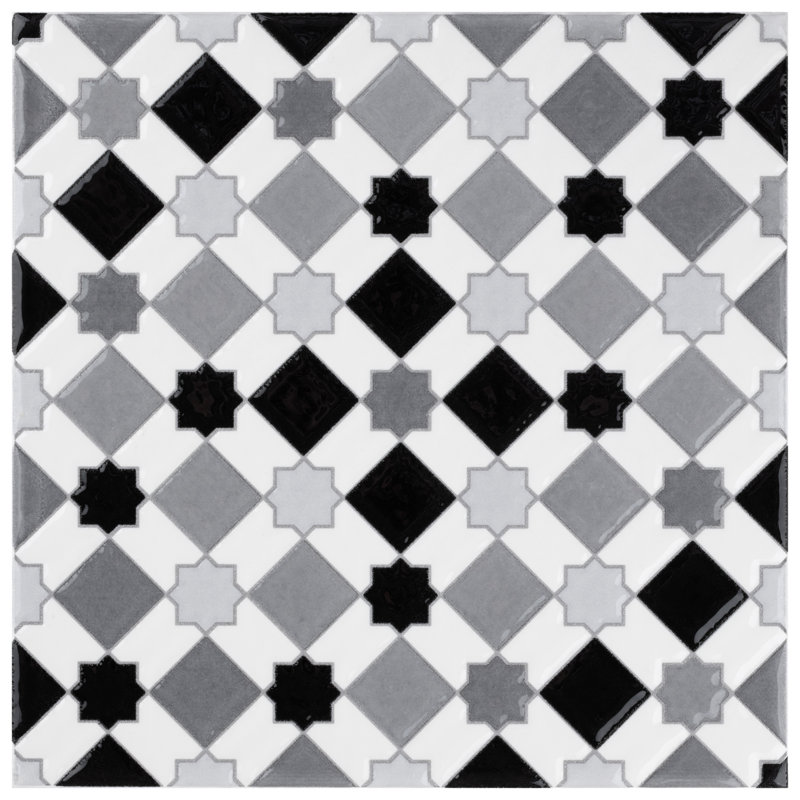 Sevillano Giralda 8" x 8" Ceramic Patterned Tile, Light Gray/White